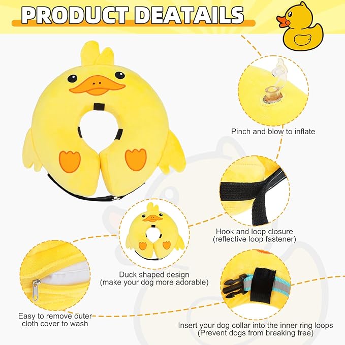 KOOLTAIL Inflatable Dog Cone Collar, Soft Donut E Collar for Dogs After Surgery to Stop Licking Enhanced Alternative, Blow Up Pet Neck Pillow Recovery Adjustable Cone for Dog Cat, Upgrade Size, Duck L