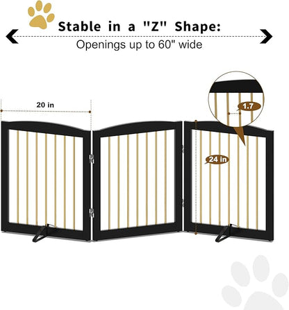 PUPETPO Freestanding Pet Gate for Dogs, Foldable Wooden Dog Gate for House, Indoor Dog Gate for Doorways, Stairs, Step Over Pet Puppy Safety Fence, Support Feet Included,24" Height 3 Panels,Black&Gold