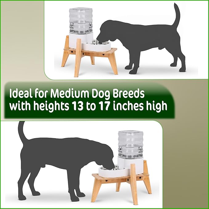 Dog Water Bowl Dispenser Stand for Medium Breeds - Elevated Raised Automatic Dog Food Feeder Holder - Adjustable Fit - Durable Bamboo