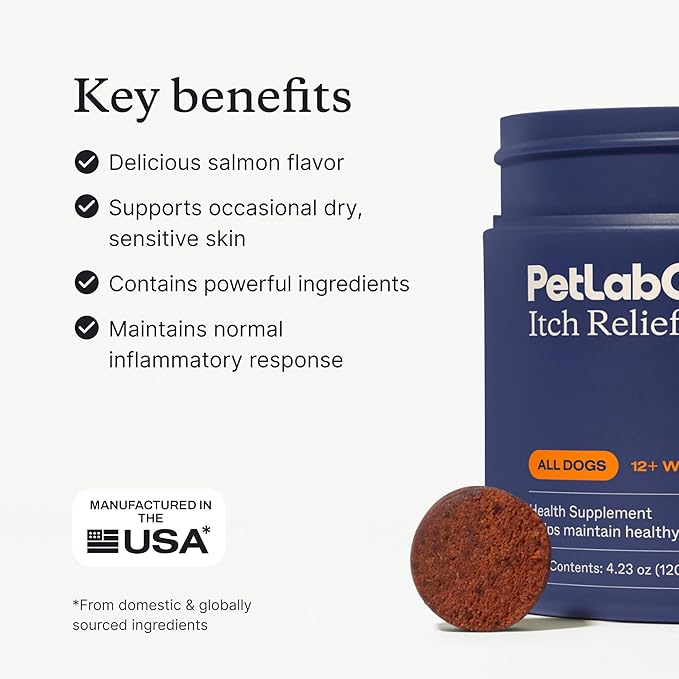 PetLab Co. Salmon Itch Relief Chew Pro for Dogs – Omega 3 for Dogs Itch Supplement - Packed with Beneficial Fatty Acids for Healthy Skin – Seasonal Allergies Support - Packaging May Vary