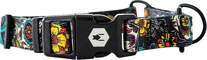 Wolfgang Heavy Duty Martingale Dog Collar with Quick Release Nylon Buckle for Walking & Training, LosMuertos Print, Large