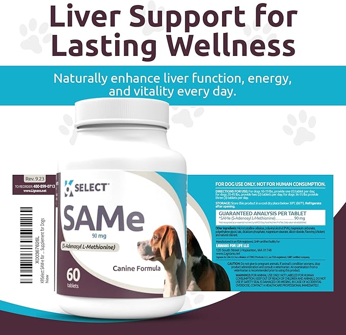 K9 Select SAM-E for Dogs – Dog Liver Supplement for Small and Medium Adult Dogs – Canine Liver Health & Detox – Hepato Support, Multivitamin for Cell-Growth, 60 Tablets