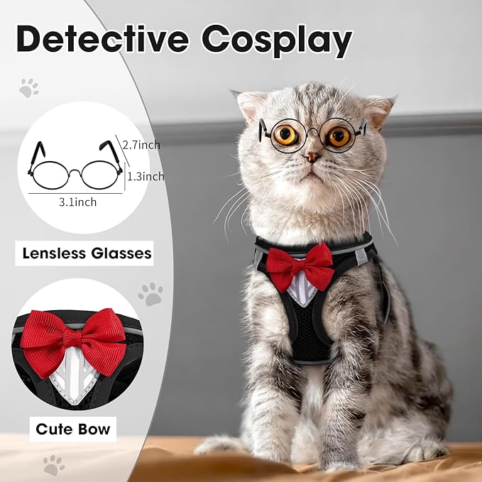 Cat Vest Harness and Leash Set for Walking Escape Proof, Adjustable Kitten Harness Breathable Mesh with Reflective Strips Harness for Kitty Puppy Bunny (Black,XS)