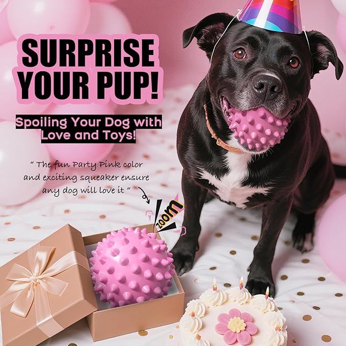 Apasiri Interactive Dog Toys for Large & Medium Dogs: 3.5" Bacon Flavored Squeaky Balls for Dogs, Tough Durable Spiky Rubber Bouncy Dog Toys Balls, Floating Outdoor Fetch Dog Toy, Pink Dog Balls Gifts