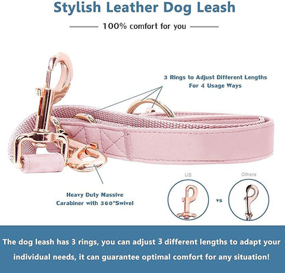 Soft Leather Dog Collar and Leash (6.6') Set - Stylish Rose Gold Heavy Duty Metal Buckle, 4 Adjustable Lengths Leash for Small Medium Large Dogs - Comfortable & Easy to Clean Pink M(13.8"-19.7")