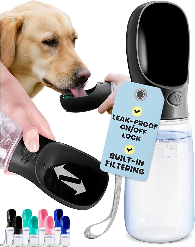 MalsiPree Dog Water Bottle - 19 Oz, Black, BPA-Free - Portable & Lightweight Water Dispenser with Bowl for Dogs - Leak-Proof & No-Waste Design for Travel