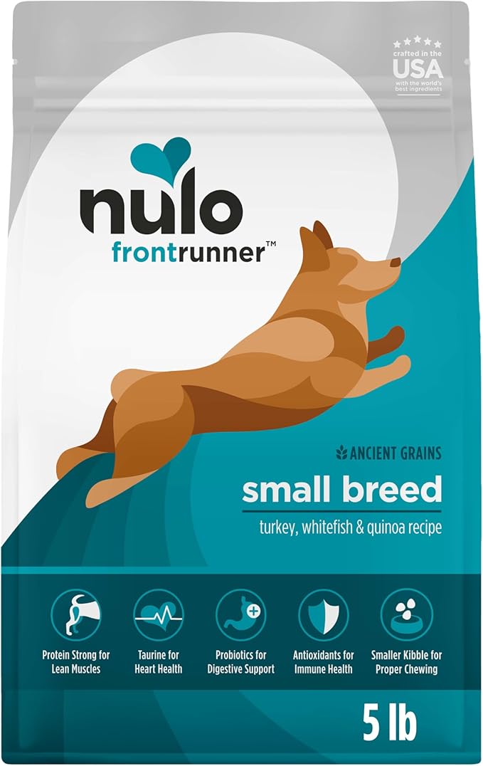 Nulo Frontrunner Dry Dog Food Small Breed - High-Protein Turkey, Whitefish & Quinoa Recipe, Natural Puppy & Adult Dog Food, Small Sized Kibble with Probiotics, Taurine, Omega 3, 5lb Bag