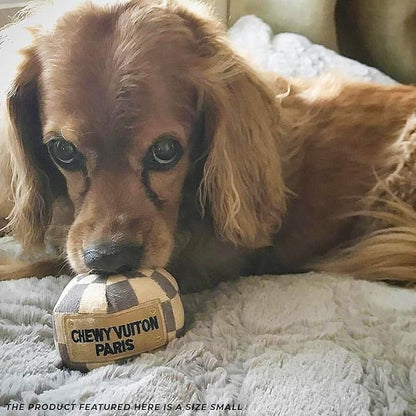 Haute Diggity Dog Chewy Vuiton Ball Plush Squeaky Dog Toy, Soft Durable Designer-Inspired Stuffed Puppy Chew Toys for Small & Medium Dogs, Machine-Washable (Tan Checker) Small