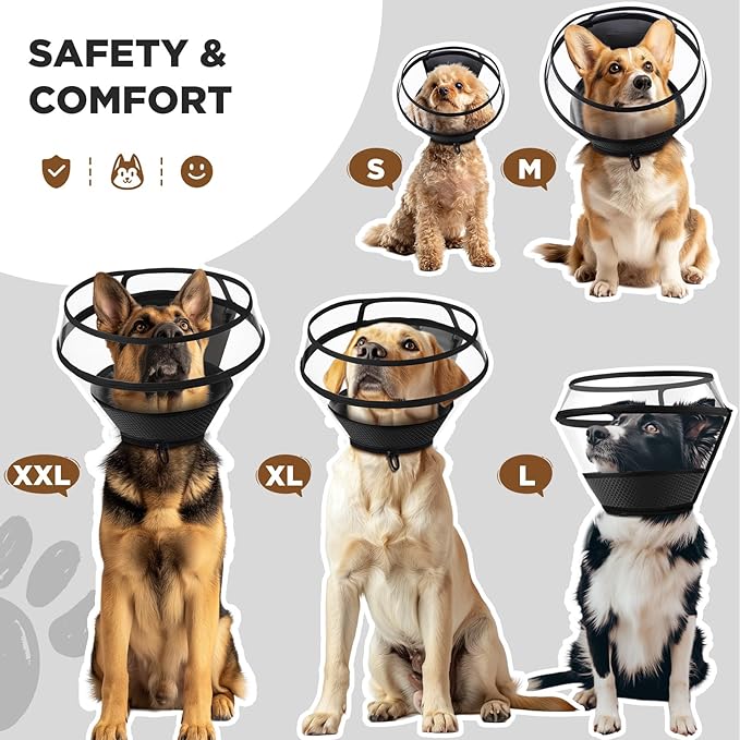 Soft Dog Cone for Dogs After Surgery,Transparent Breathable Dog Cone Collar for Small Large Medium Size Dog,Adjustable Depth Pet Recovery Collars,Elizabethan Collar for Dogs Stop Licking (Black-S)