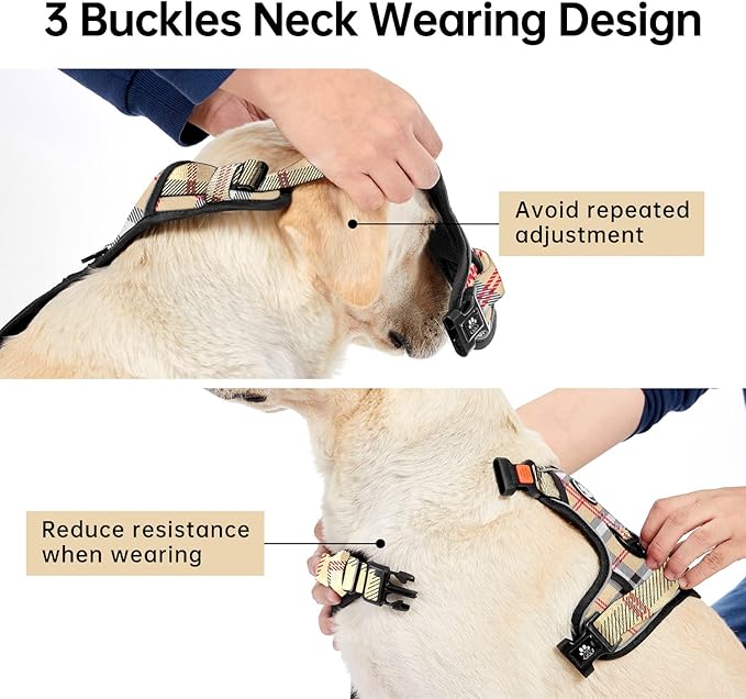 IVY&LANE No Pull Dog Harness with Leash Set, Reflective No Choke Pet Vest,Adjustable Oxford Dog Vest Harness with Easy Control Handle for Large Dogs (Checkered Beige,XL)