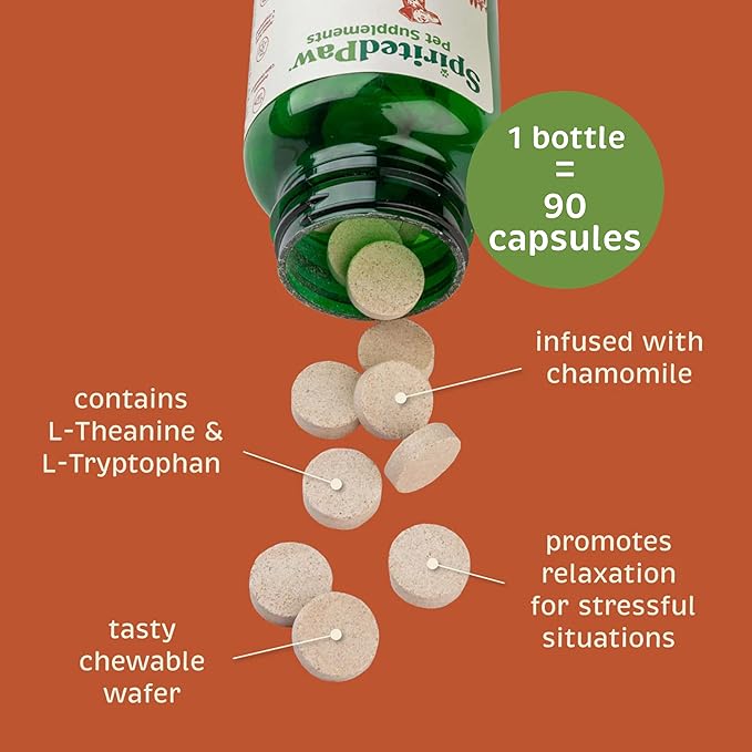 Spirited Paw Calm - Non-Drowsy Relaxation for Cats & Dogs - Stress Support Chews with L-Theanine, L-Tryptophan & Magnesium - for Moving, Introductions, Fireworks & Separation - 90 Chewable Wafers