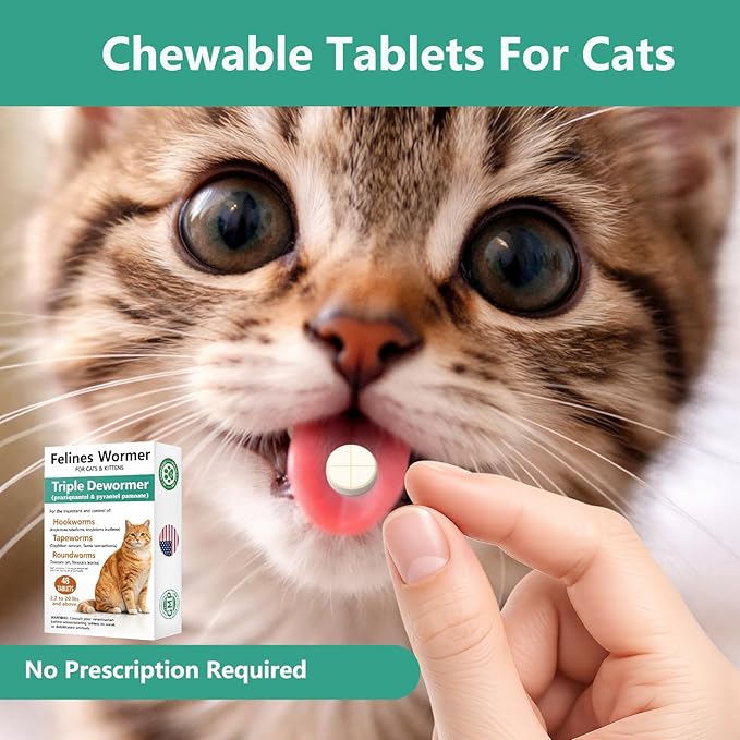 Cat Dewormer for Cats & Kittens –Broad Spectrum Triple Wormer Tablets with Praziquantel & Pyrantel Pamoate for Tapeworms, Roundworms & Hookworms, 48 Tablets