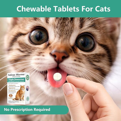 Cat Dewormer for Cats & Kittens –Broad Spectrum Triple Wormer Tablets with Praziquantel & Pyrantel Pamoate for Tapeworms, Roundworms & Hookworms, 48 Tablets