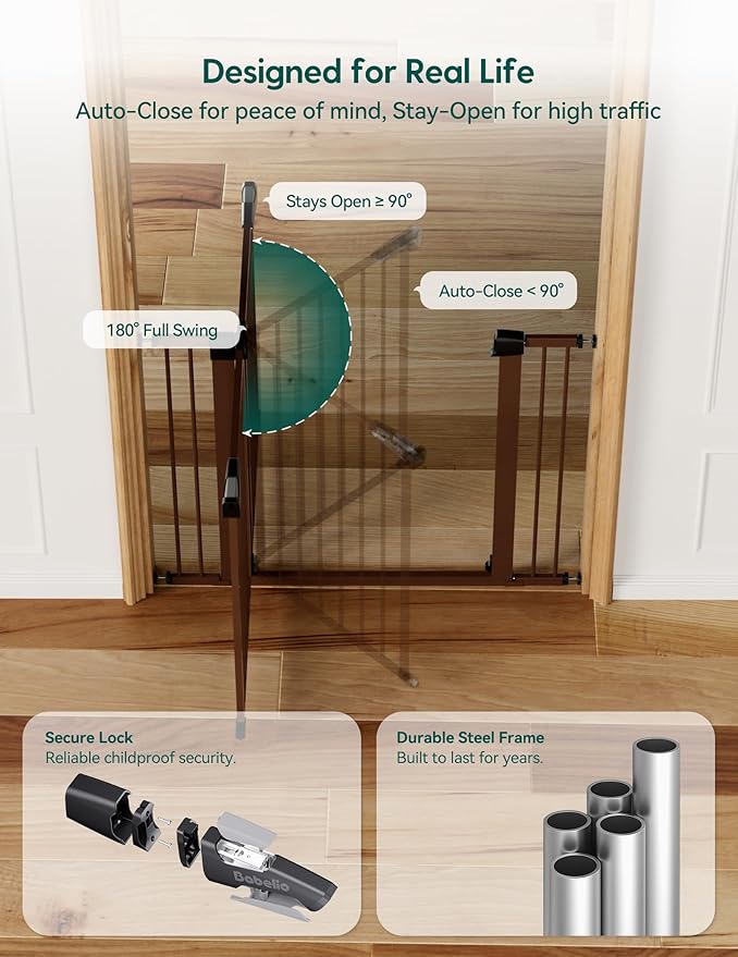 Babelio Metal Baby Gate, 29-48" Auto Close Easy Install Pet Gate, Extra Wide Walk Thru Child Safety Gate, Pressure Mounted Dog Gate for Doorways and Stairs, with Y Spindle Rods, Brown