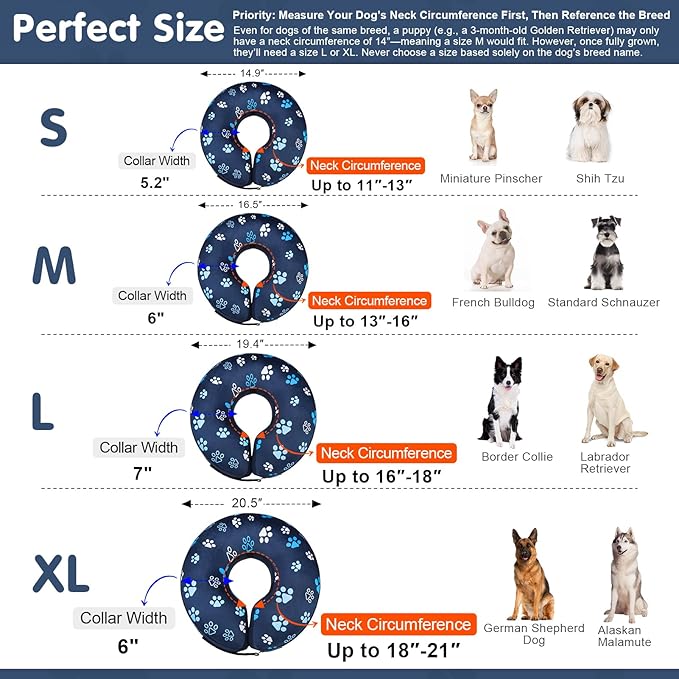 BEAUTYZOO Dog Cone Alternative After Surgery for Large Medium Small Dogs, Soft Inflatable Cone Collar for Dogs Cats, Pet Neck Donut E Collar Dog Recovery Collars to Stop Licking, Navy Blue Paw L