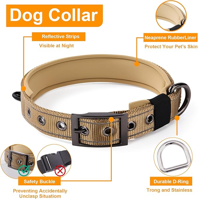 Annchwool No Pull Dog Harness,Heavy Duty Reflective Collar & Leash Set-Leash with Double Handle & Car Seatbelt Clip-Easy Control for Walking Training Medium Large Size Dogs(Brown,M)