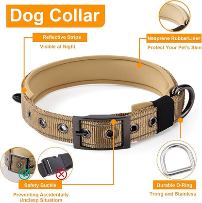 Annchwool No Pull Dog Harness,Heavy Duty Reflective Collar & Leash Set-Leash with Double Handle & Car Seatbelt Clip-Easy Control for Walking Training Medium Large Size Dogs(Brown,L)