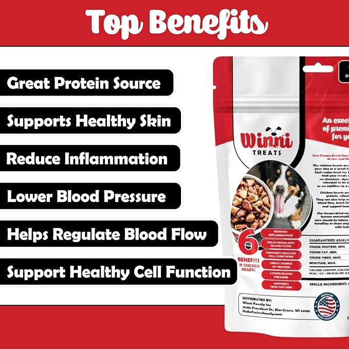 Winni Treats Freeze Dried Chicken Hearts for Dogs - Single Ingredient, Preservative-Free, Premium Chicken Hearts, High in Protein for Strong Muscles, Low in Fat, Healthy Dog Treats (3.75 Ounces)