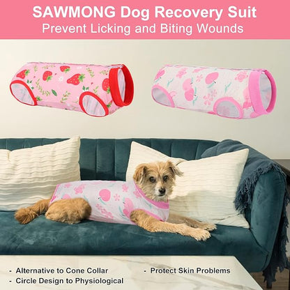 SAWMONG 2 Pack Recovery Suit for Dogs After Surgery, Dog Recovery Suit Soft Polyester, Pet Spay Surgical Suit Female Male, Dog Onesie Body Suit Substitute E-Collar Cone(Strawberry+ Peach,L)