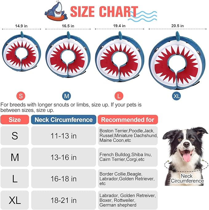 BEAUTYZOO Dog Cone Alternative After Surgery for Large Medium Small Dogs, Soft Inflatable Cone Collar for Dogs Cats, Pet Neck Donut E Collar Dog Recovery Collars to Stop Licking, Shark Blue, L