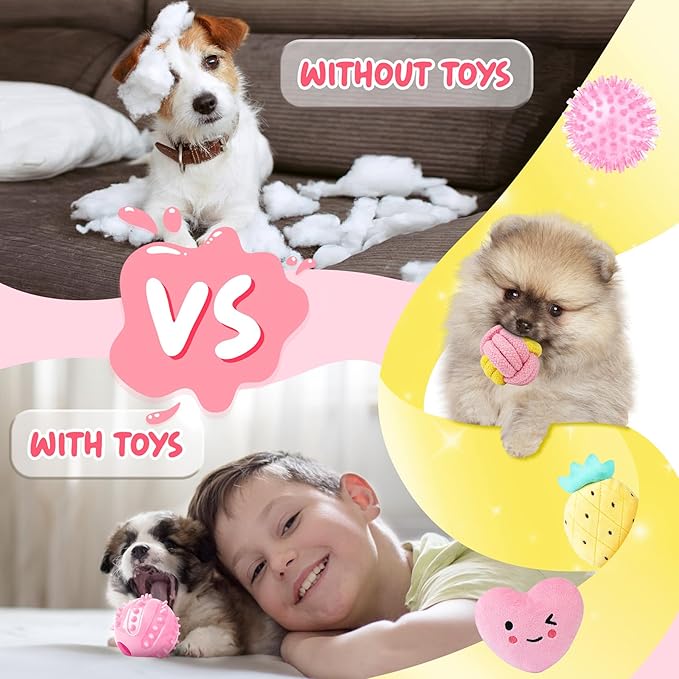 XIUGOAL Pink Puppy Toys for Boredom - 23 Pack Puppy Chew Toys for Teething, Enrichment Dog Toys for Small Dogs with Squeaky Dog Chew Toys, Treat Ball and Ropes