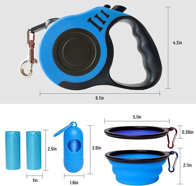 Retractable Dog Leash Automatic Telescopic Tractor Dog Tape, Pet Tape 10/16 FT Durable and Convenient, with Folding Bowl, Dispenser, Rubbish Bags, Suitable for Small and Medium Dogs