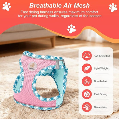 Hipubby Dog Harness Small Sized and Leash Set, No Pull Soft Mesh Puppy Vest, Reflective Breathable Lightweight Pet Harness, Harness for Small Medium Dogs and Cats - Pink Green, L