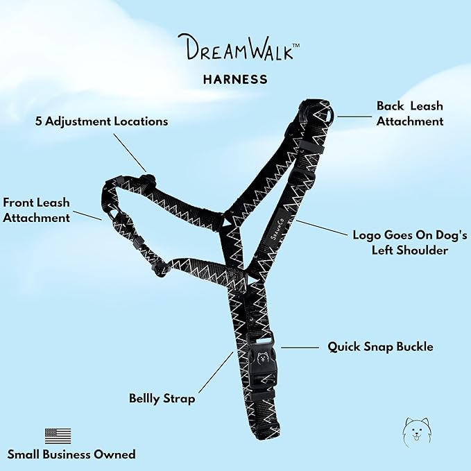 ShawnCo Dream Walk No-Pull Dog Harness- Adjustable, Comfortable, Easy to Use Pet Halter to Help Stop Pulling for Small, Medium and Large Dogs- Art Pattern Designs (Wolf Moon, L)