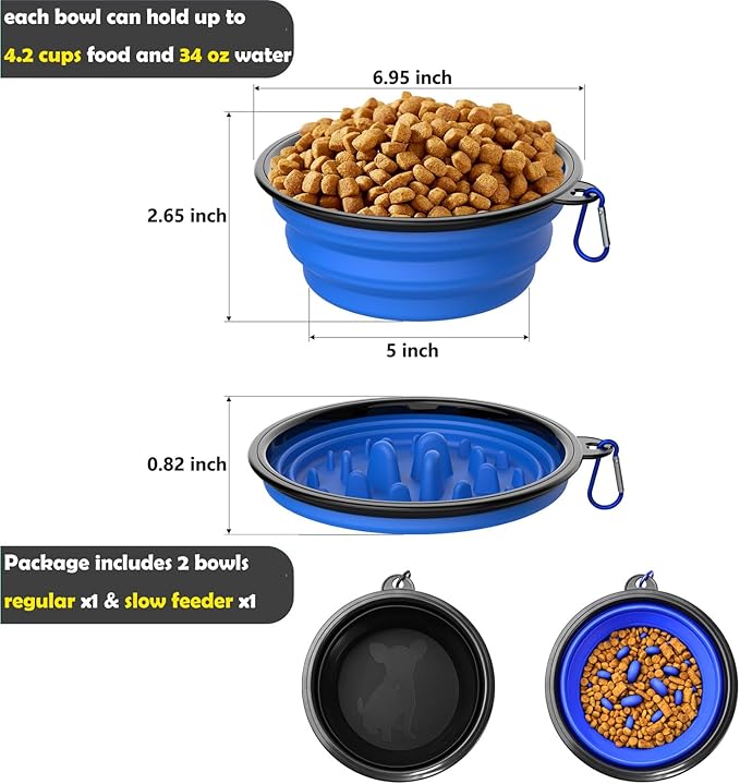 2 Pack [Slow Feeder Design + Regular], Collapsible Dog Bowl Travel Portable Pet Bowls, [34oz,1000ml] Foldable Food Water Feeding Dishes for Traveling Hiking Walking with Carabiners [Blue,Black]