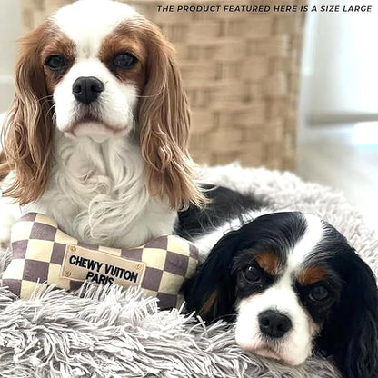 Haute Diggity Dog Chewy Vuiton Bone Plush Squeaky Dog Toy, Soft Durable Designer-Inspired Stuffed Puppy Chew Toys for Small & Medium Dogs, Machine-Washable (Tan Checker) Large