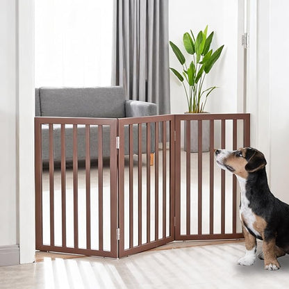 ZJSF Freestanding Indoor Dog Gate for House Foldable Wood Brown Puppy Gate for Doorways Pet Gate for Stairs Extra Wide Pet Fence 32" Height 3 Panels