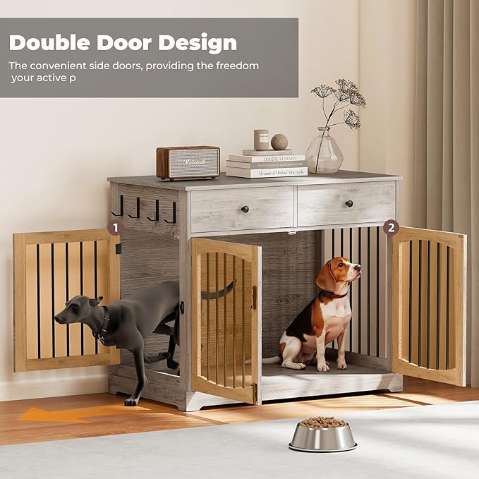 Dog Crate Furniture, Wooden Dog Kennel Furniture, Heavy-Duty Dog Crate End Table with Storage Drawers, Double Doors Decorative Pet Cage House Indoor for Small Medium Dog, 40Inch, Gray