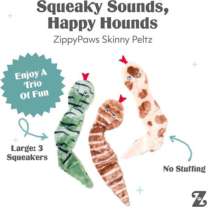 ZippyPaws Skinny Peltz - No Stuffing Dog Toy Pack to Keep Them Busy, for Medium and Large Dogs, Squeaky Pet Toys, Unstuffed Chew Toys, Soft Plush Variety Pack, Desert Snakes - 18"