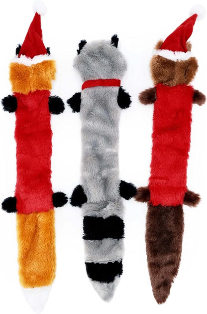 ZippyPaws Skinny Peltz - No Stuffing Dog Toys to Keep Them Busy, for Medium and Large Dogs, Squeaky Unstuffed Chew Toys for Pets, Soft Plush Variety Pack, Fox, Raccoon, & Squirrel - Holiday 3-Pack