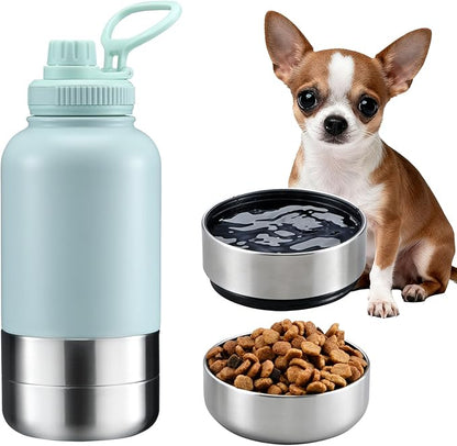 Cibaabo Insulated Dog Water Bottle with 2 Bowls, 32oz Travel Stainless Steel Double Wall Thermos, Portable Pet Dispenser, Gifts for Puppy Small Medium Dogs Walking Hiking and Camping