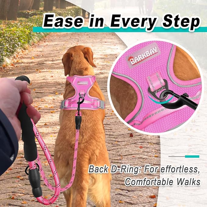 BARKBAY Dog Harness No Pull Mesh for Medium Dogs - Adjustable, Reflective, Comfortable, No Choke, Heavy-Duty - Perfect for Outdoor Training, Walking, and Hiking - Strong & Durable - M & Pink Mesh