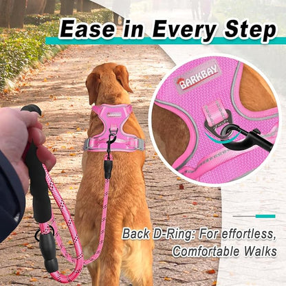 BARKBAY Dog Harness No Pull Mesh for Large Dogs - Adjustable, Reflective, Comfortable, No Choke, Heavy-Duty - Perfect for Outdoor Training, Walking, and Hiking - Strong & Durable - L & Pink Mesh