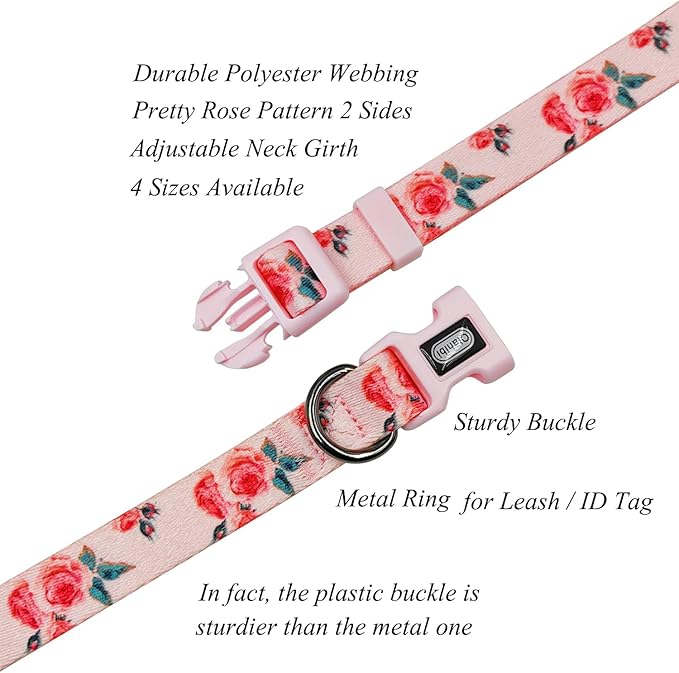 Dog Collar and Leash Set, Cute Rose Pattern, Polyester Material, 5ft Leash, for Large Dogs.(Large,Pink Rose)