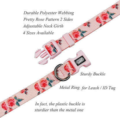 Dog Collar and Leash Set, Cute Rose Pattern, Polyester Material, 5ft Leash, for Small Dogs.(Small,Pink Rose)