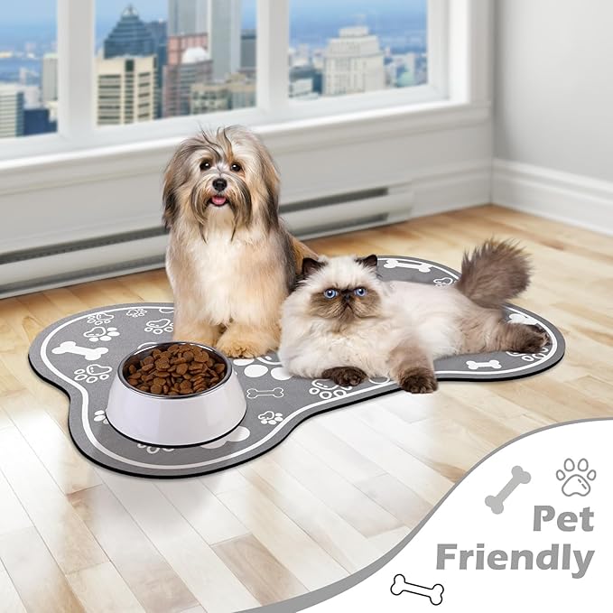 Dog Cat Food Mat,Rapid Absorbent Pet Feeding Mat, Bone Shaped Dog Placemat Water Bowl Mat with Rubber Backing,No Stains Dog Cat Food Mats Indoor, Pet Accessories Supplies 23"x36" Grey