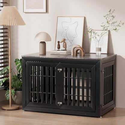 Snuowu 48" Heavy Duty Dog Crate Furniture for Small,Medium and Large Dogs,Rustic Wooden Dog Cage Kennel Indoor Furniture with Waterproof Top,Decorative Pet House Side End Table (Black & Grey)