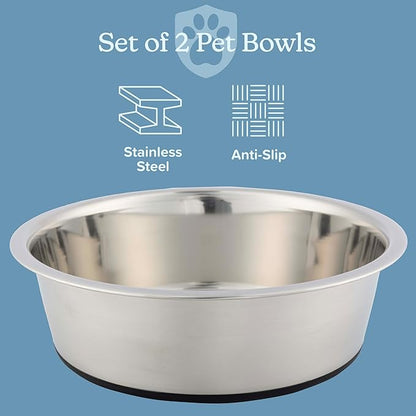 Set of 2 Stainless Steel Dog Bowls - 64oz or 8 Cups Food and Water Bowls for Dogs and Cats - Non Slip Metal Pet Dishes for Medium to Large Sized Pets - Puppy Essentials by PETMAKER