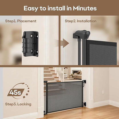 SPACEANY Retractable Safety Baby Gate or Mesh Dog Gate,Durable Portable Mesh Retractable Gate,Easy to Use for Stairs, Doorways, Hallways, Indoor, Outdoor, 33.5" Tall, Up to 45" Wide, Black