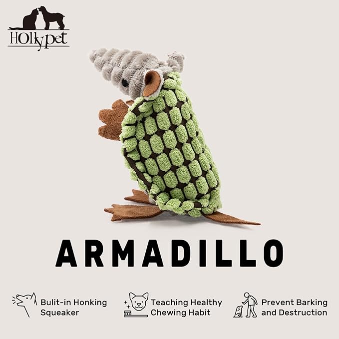 Hollypet Plush Dog Squeaky Toy Stuffed Armadillo Animal Pet Puppy Chew Toys with Clean Teeth for Small Medium Large All Breed Sizes Dogs, Cantaloupe Green, 6 in