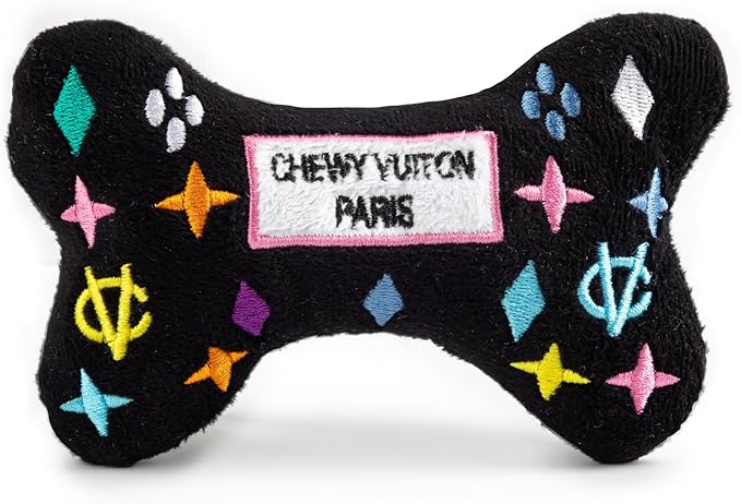 Haute Diggity Dog Chewy Vuiton Bone Plush Squeaky Dog Toy, Soft Durable Designer-Inspired Stuffed Puppy Chew Toys for Small & Medium Dogs, Machine-Washable (Black Monogram) Small