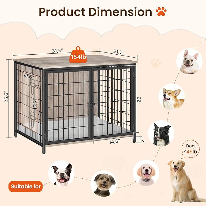 MAHANCRIS Dog Crate Furniture with Cushion, Wooden Dog Kennel with Double Doors, Heavy Duty Dog Cage for Small/Medium/Large Dogs, Indoor Dog House End Table, 31.5" L, Greige DCHG0701