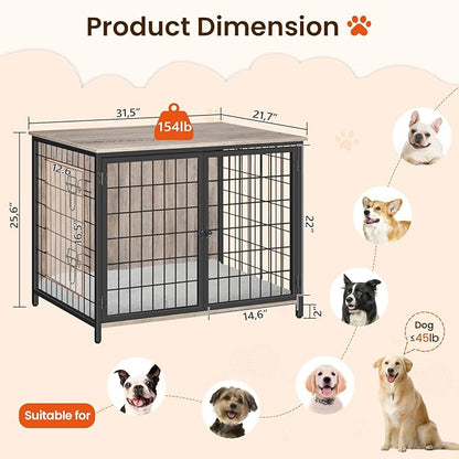 MAHANCRIS Dog Crate Furniture with Cushion, Wooden Dog Kennel with Double Doors, Heavy Duty Dog Cage for Small/Medium/Large Dogs, Indoor Dog House End Table, 31.5" L, Greige DCHG0701