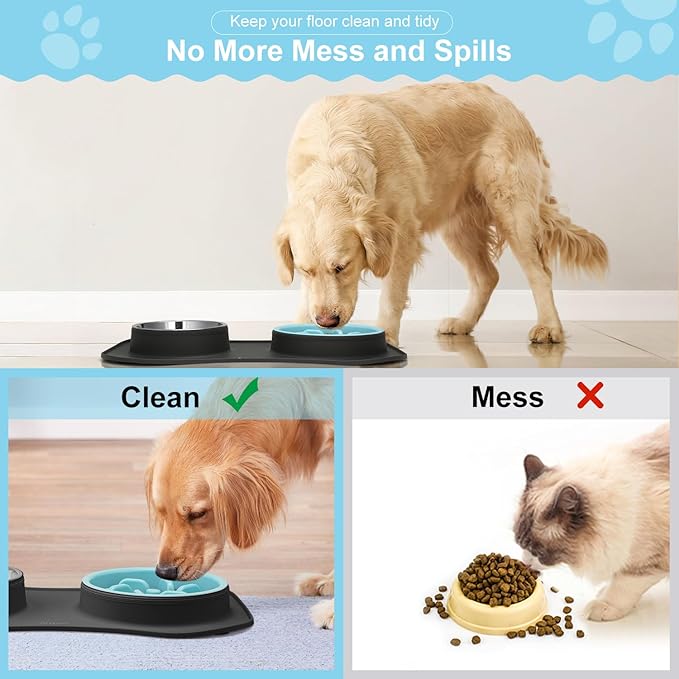 Anipaw Slow Feeder Dog Bowls 3 in 1 Stainless Steel Dog Food and Water Bowls with Non-Spill Non-Skid Silicone Mat to Slow Down Eating for Large Medium Small Breed Size Dogs and Cats (Grey Blue)