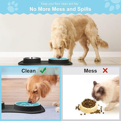 Anipaw Slow Feeder Dog Bowls 3 in 1 Stainless Steel Dog Food and Water Bowls with Non-Spill Non-Skid Silicone Mat to Slow Down Eating for Large Medium Small Breed Size Dogs and Cats (Grey Blue)