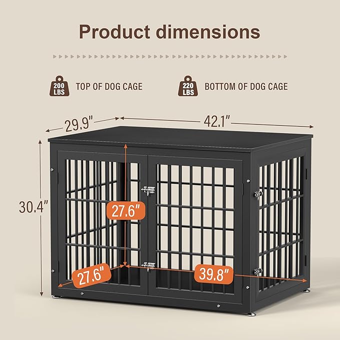 rehomerance 42 Inch Heavy Duty Dog Crate Furniture for Large and Medium Dogs, Decorative Pet House End Table, Wooden Cage Kennel Furniture Indoor, Black